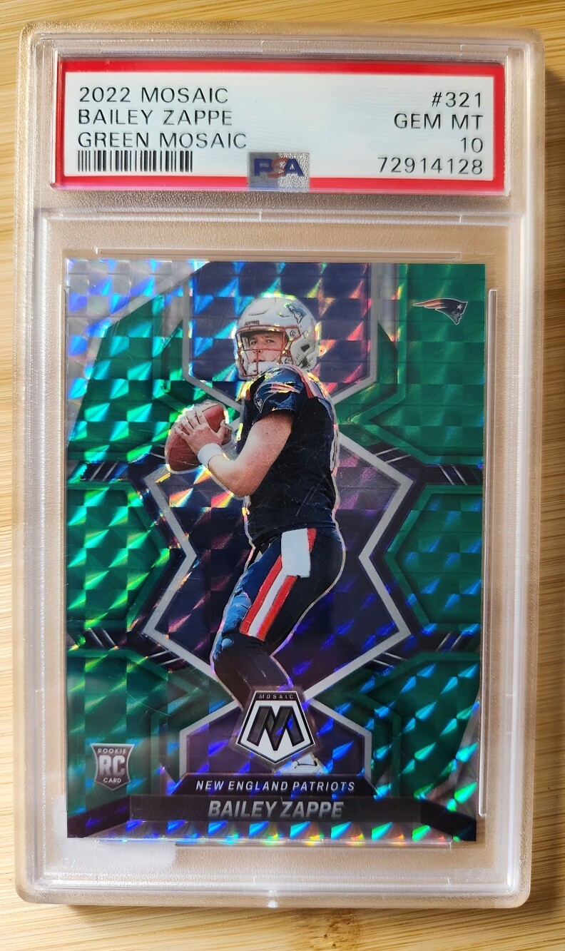 Panini 2022 Mosaic Bailey Zappe Rookies RC #321 Green Mosaic Patriots PSA 10